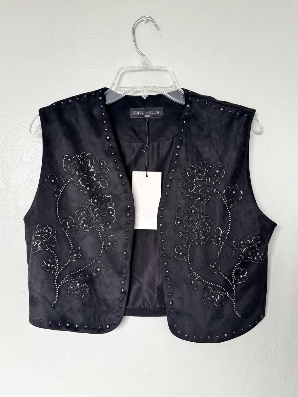 Zara Black Studded Floral Rhinestone Beading Faux Suede Vest Size XS
